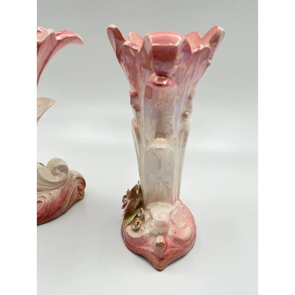 Lefton Ceramic Cornucopia Floral Gold Trim Vases Set 2 Hand‎ painted